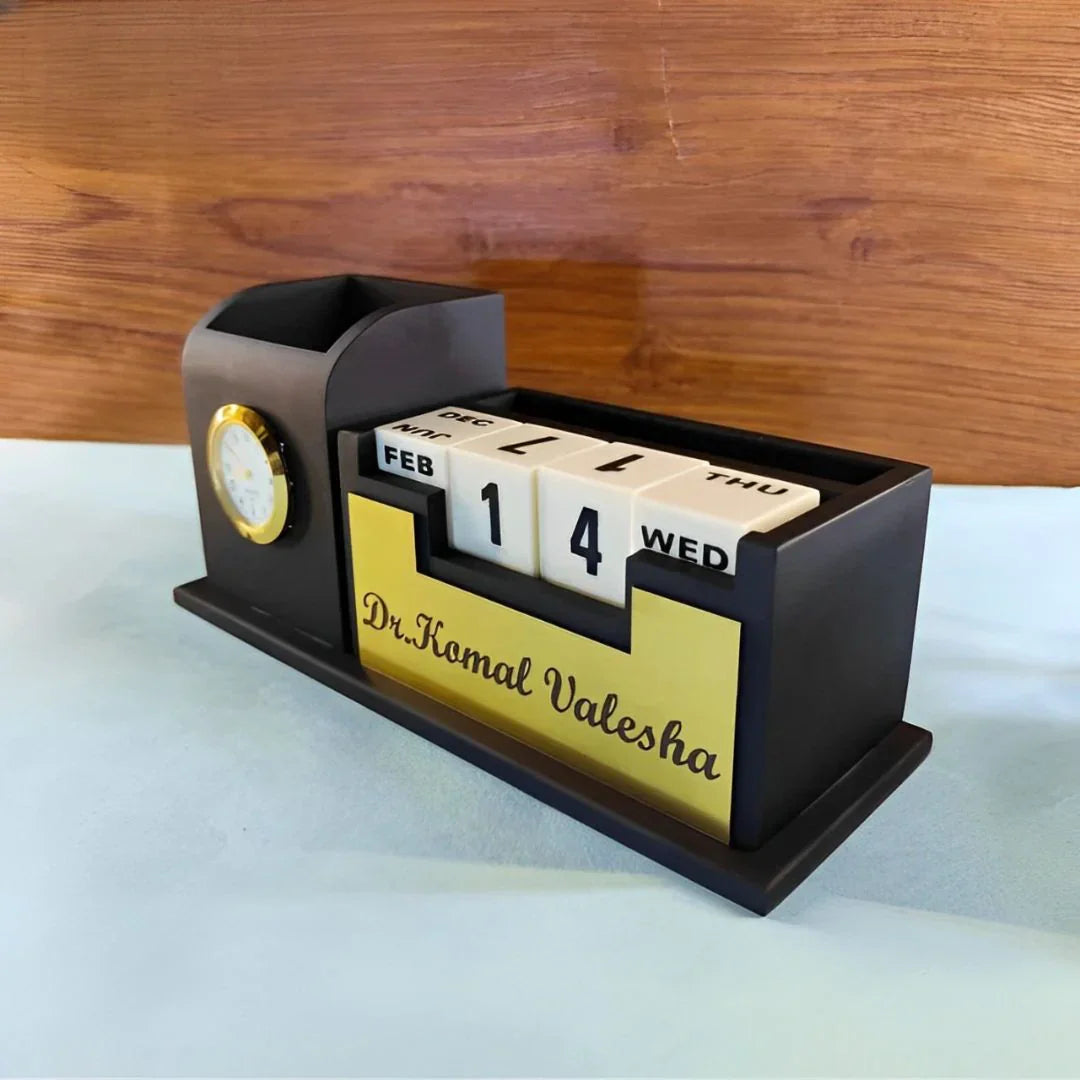 Personalized Wooden Tabletop Lifetime Calendar with Clock, Pen Holder & Mobile Stand