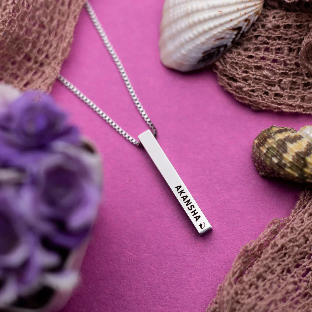 Premium Customised Cuboid Bar Name Necklace - Silver