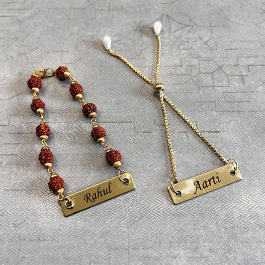 Personalised Bhaiya & Bhabhi Rakhi Set – Rudraksh Rakhi & Pearl Lumba Rakhi with Name Customization