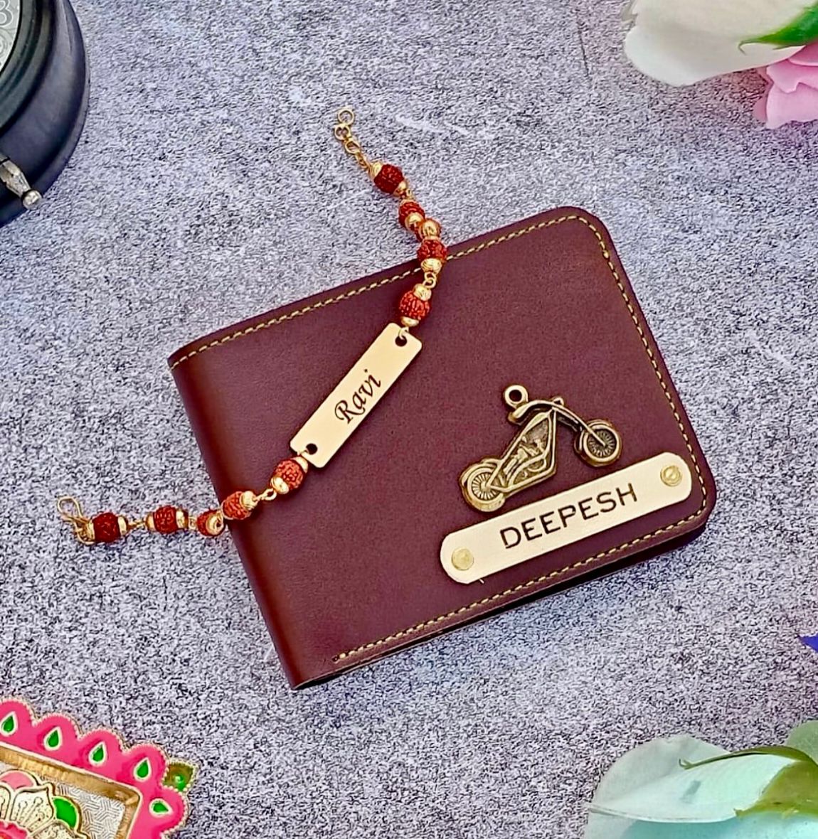 Personalized Men's Wallet with Rudraksha Rakhi – Custom Name Engraved Gift Combo for Brother