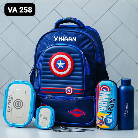 Personalised Captain America Premium School Hamper – Custom Bag, Bottle, Lunch Box & Pouch | Zestpics