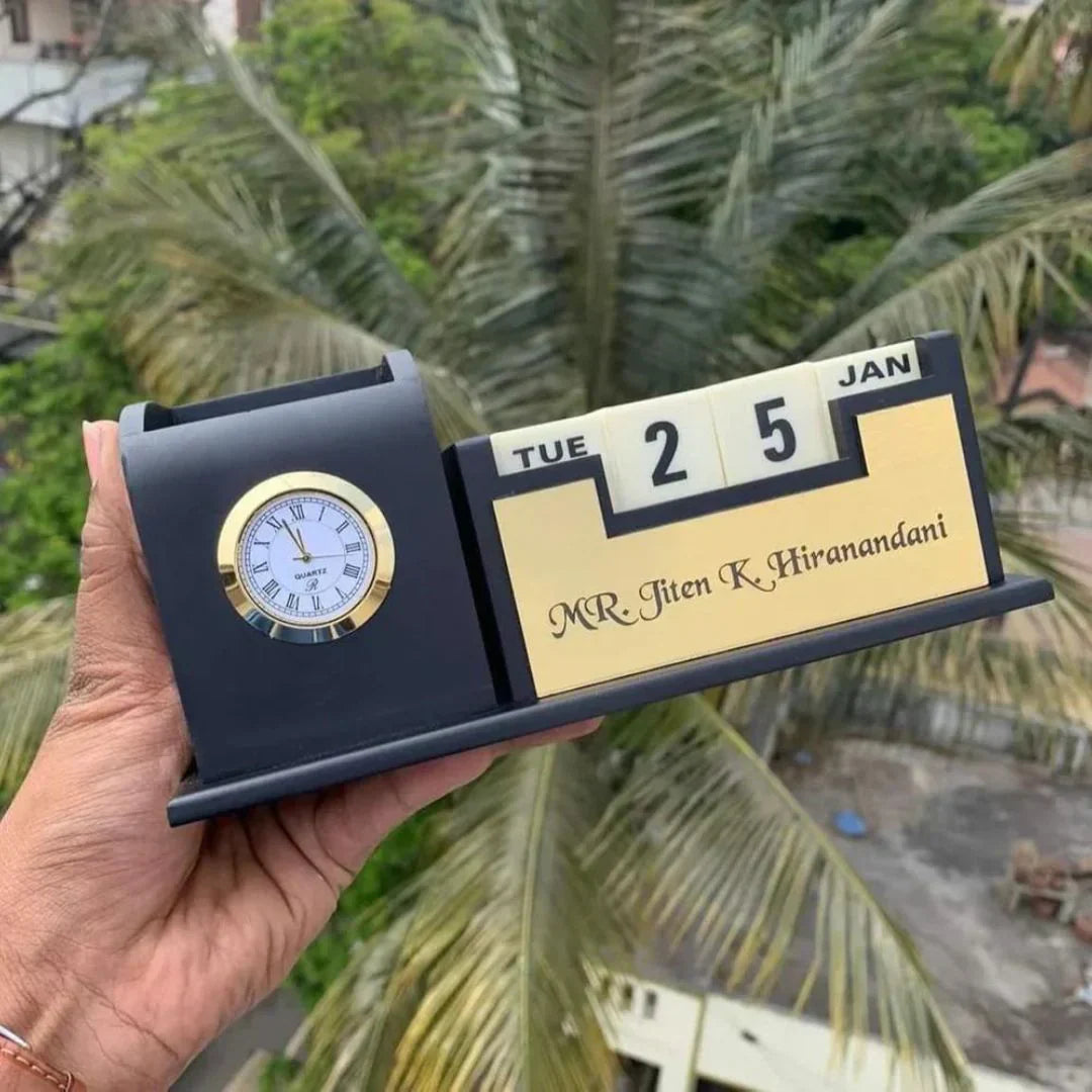 Personalized Wooden Tabletop Lifetime Calendar with Clock, Pen Holder & Mobile Stand