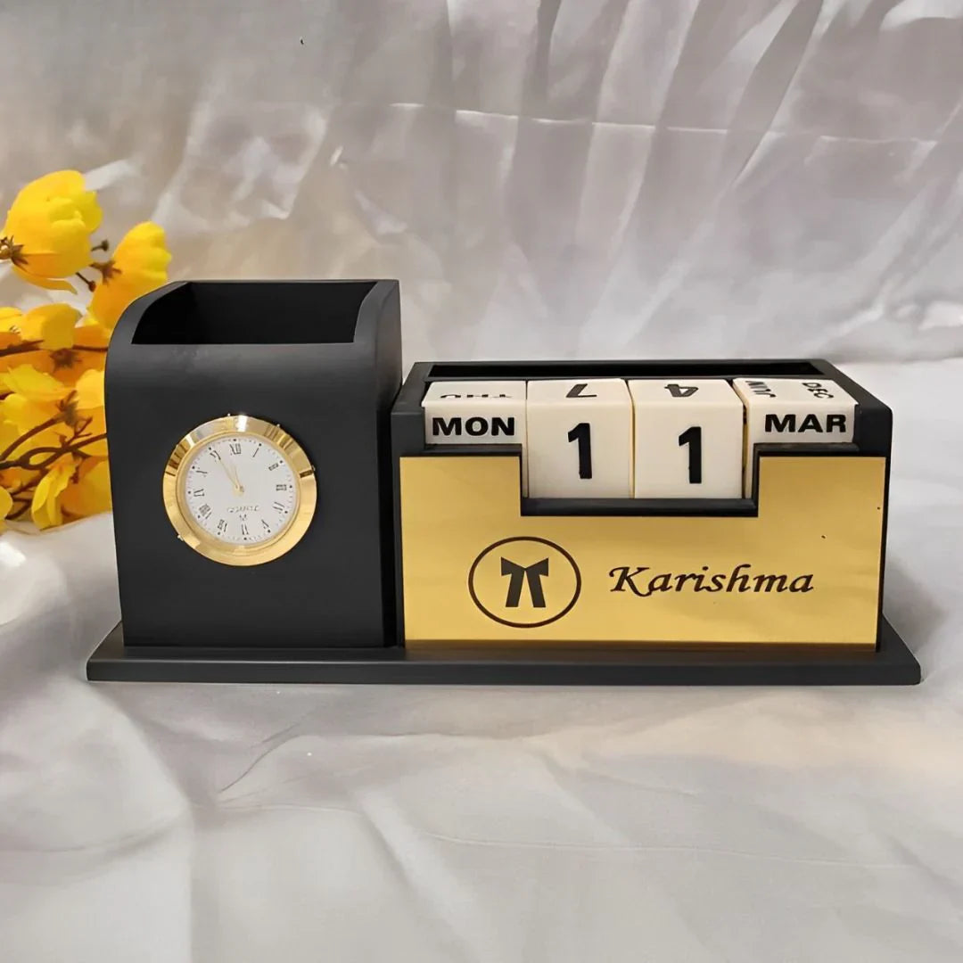 Personalized Wooden Tabletop Lifetime Calendar with Clock, Pen Holder & Mobile Stand