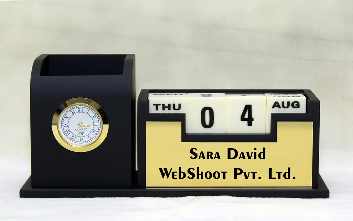 Personalized Wooden Tabletop Lifetime Calendar with Clock, Pen Holder & Mobile Stand