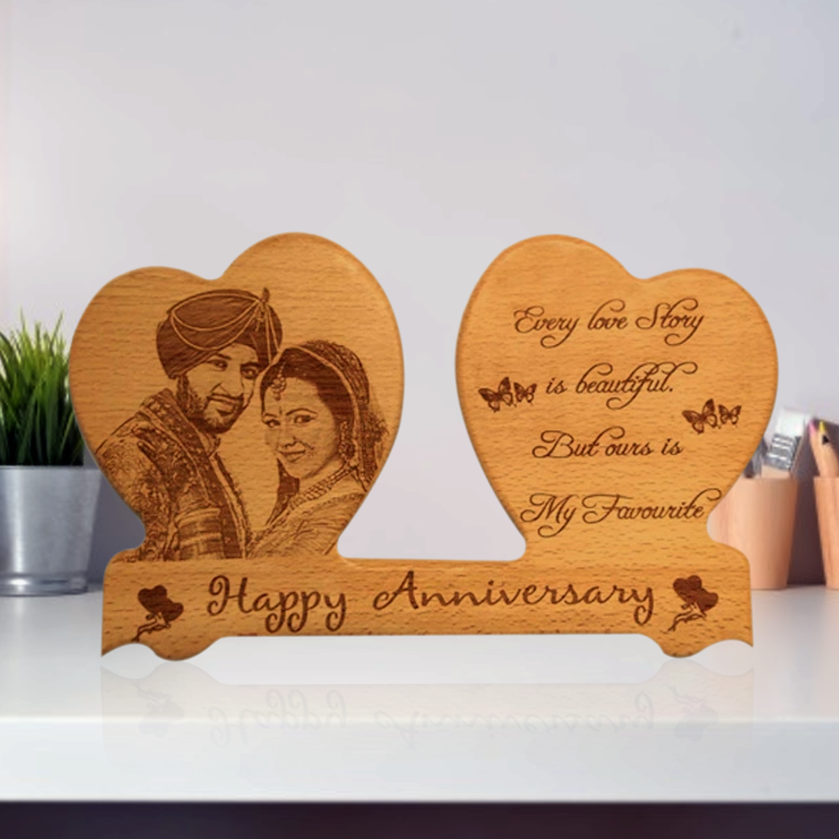 Double Heart Wooden Engraving