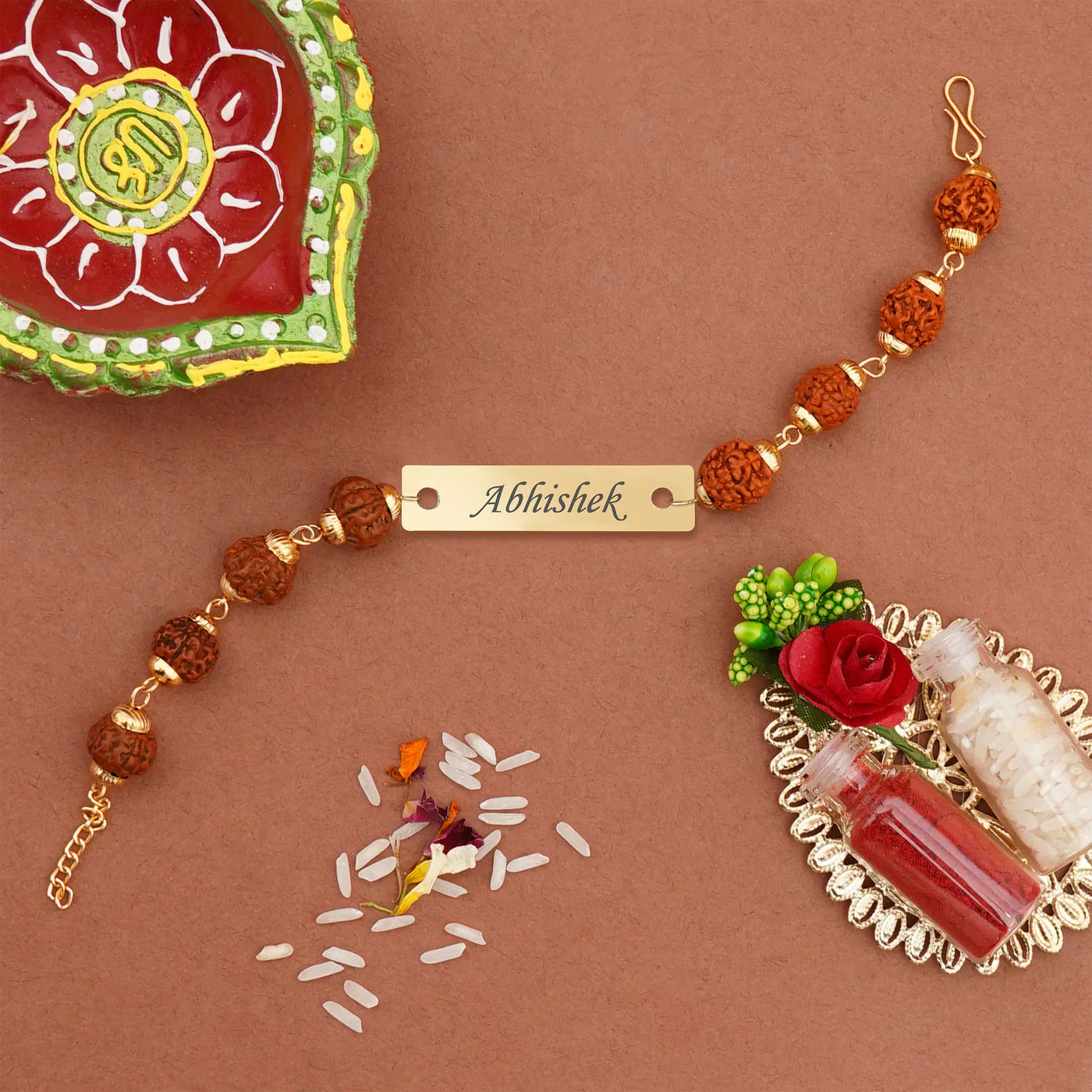 Metal Premium Rudraskha Rakhi with Name 2025 | Raksha Bandhan