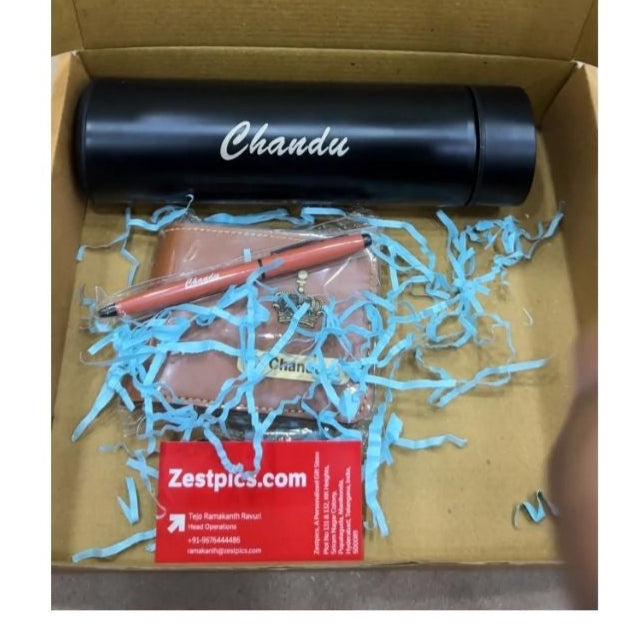 Personalized Gift Set for Him – Name Engraved Wallet, Bottle & Pen