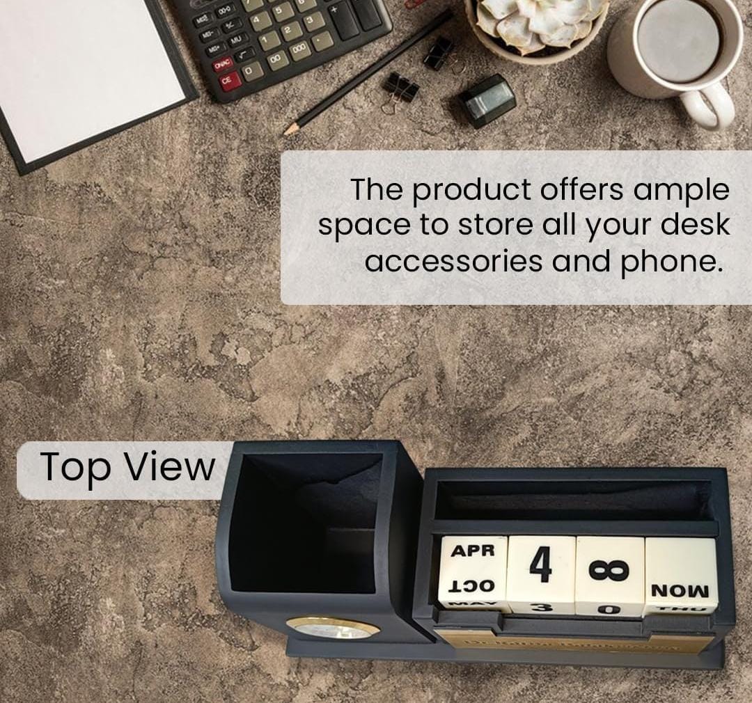 Personalized Wooden Tabletop Lifetime Calendar with Clock, Pen Holder & Mobile Stand