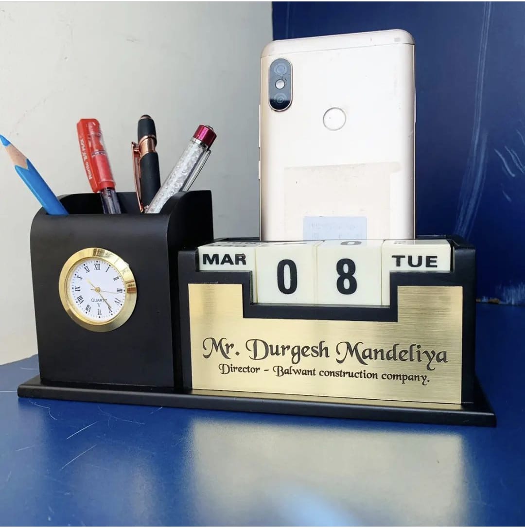 Personalized Wooden Tabletop Lifetime Calendar with Clock, Pen Holder & Mobile Stand
