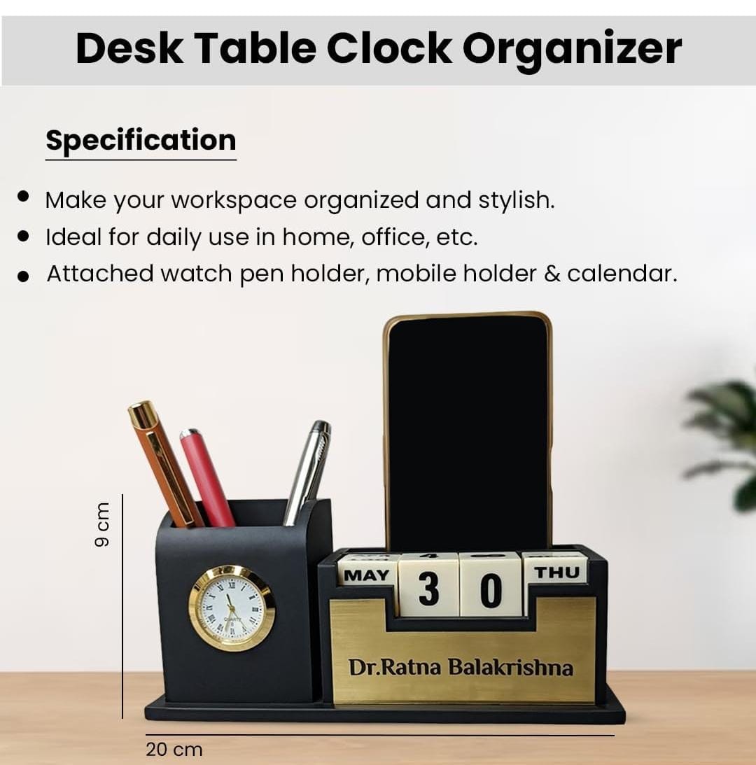Personalized Wooden Tabletop Lifetime Calendar with Clock, Pen Holder & Mobile Stand