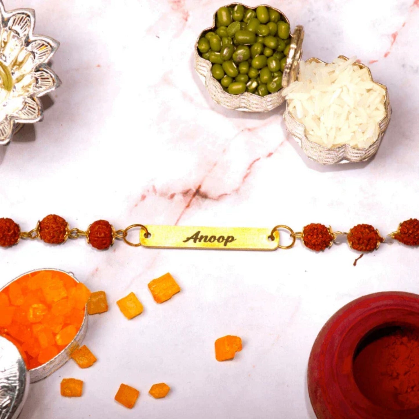 Metal Premium Rudraskha Rakhi with Name 2025 | Raksha Bandhan