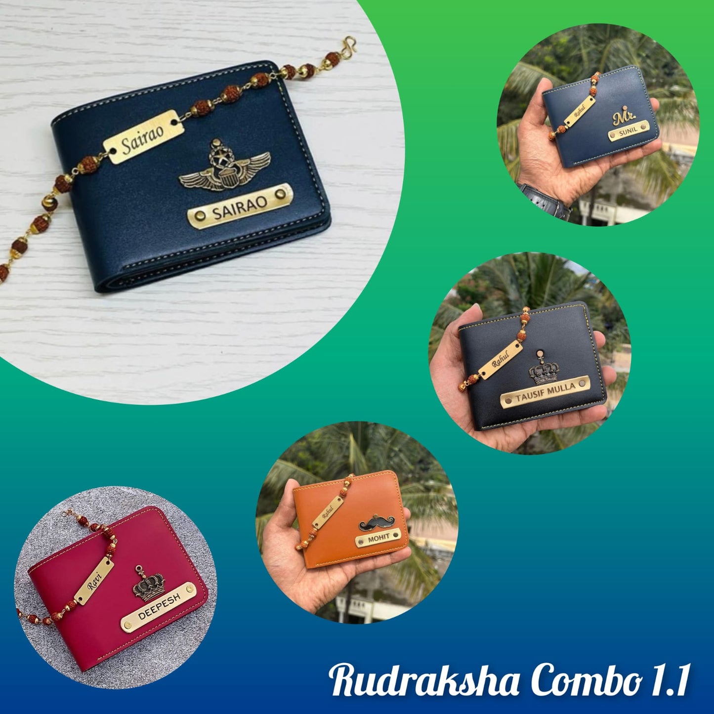 Personalized Men's Wallet with Rudraksha Rakhi – Custom Name Engraved Gift Combo for Brother