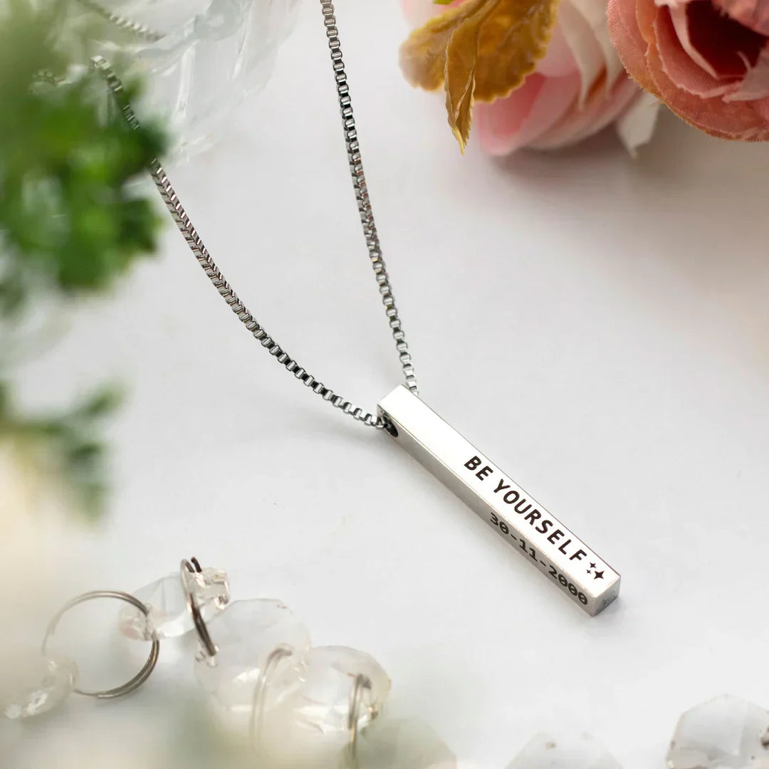 Premium Customised Cuboid Bar Name Necklace - Silver