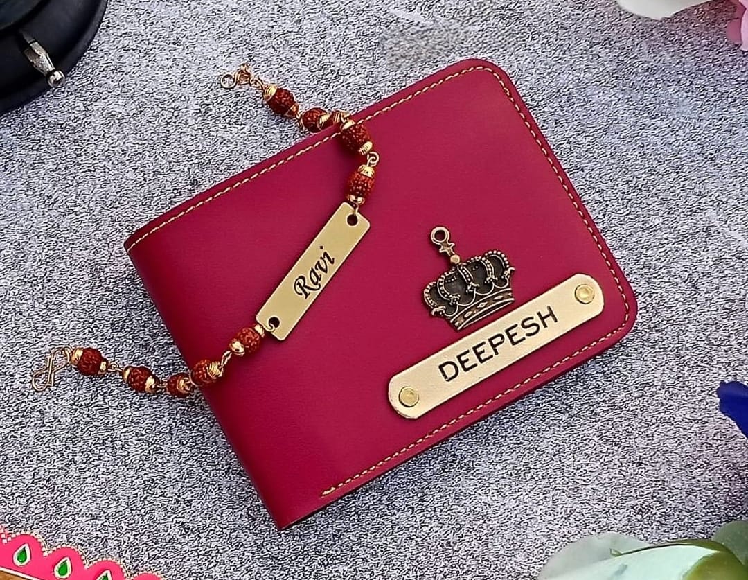 Personalized Men's Wallet with Rudraksha Rakhi – Custom Name Engraved Gift Combo for Brother