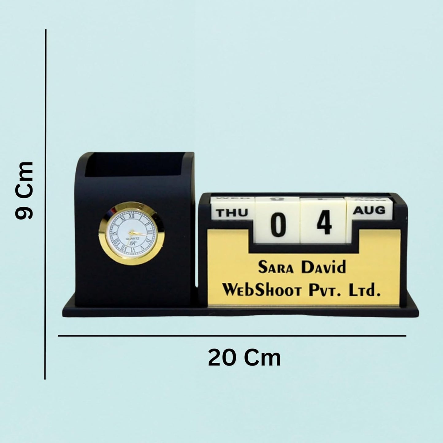 Personalized Wooden Tabletop Lifetime Calendar with Clock, Pen Holder & Mobile Stand