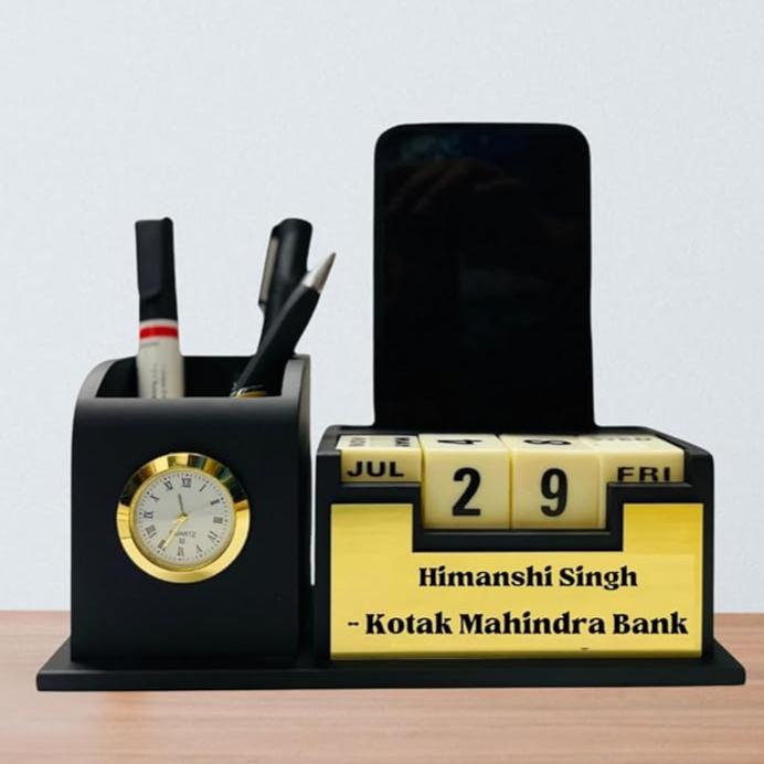 Personalized Wooden Tabletop Lifetime Calendar with Clock, Pen Holder & Mobile Stand